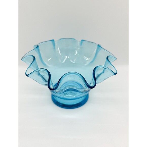 Handblown Glass Bowl Ruffle Edge Blue Candy Dish Aqua Vase Planter Handmade - Picture 1 of 9